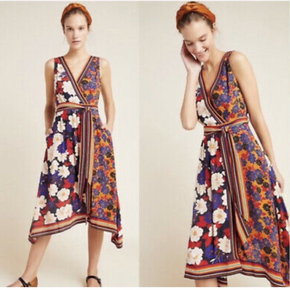 Anthropologie Floral Wrap Dress - Blue, Red, White